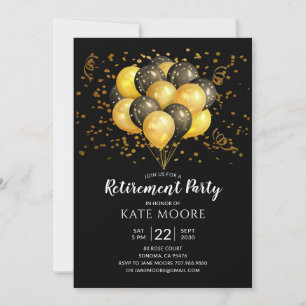Invitation Partie de retraite moderne Gold Black Ballons Noir