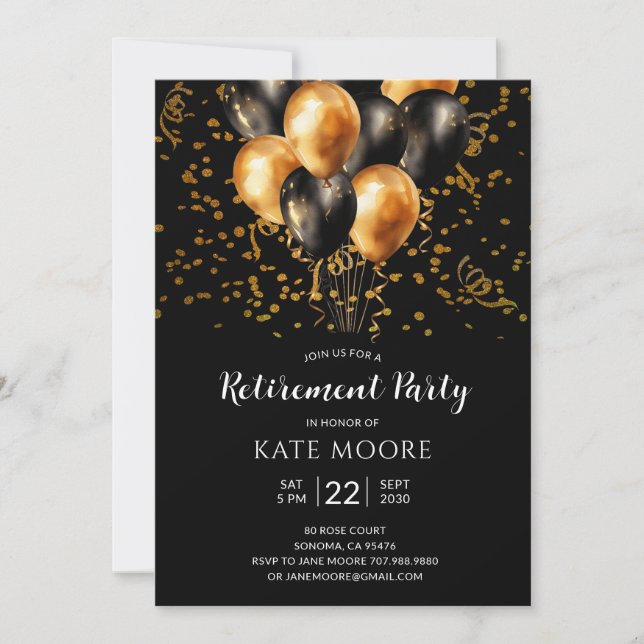 Invitation Partie de retraite moderne Gold Black Ballons Noir (Devant)
