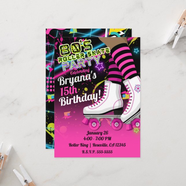 Invitation Partie de Ski noir à rouleaux rétro des années 80 (Devant/Arrière en situation)