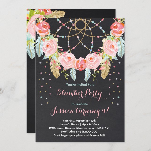 Invitation Partie de Sleepover d'invitation d'anniversaire de (Devant / Derrière)