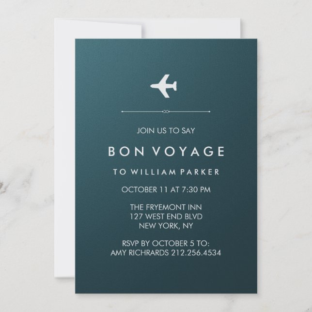 Invitation Partie de voyage de fève avec l'avion en bleu et (Devant)