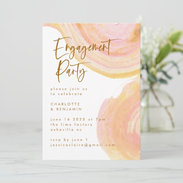 Invitation Partie d'engagement Abstraite Peach Pink Paint Swi (Debout devant)