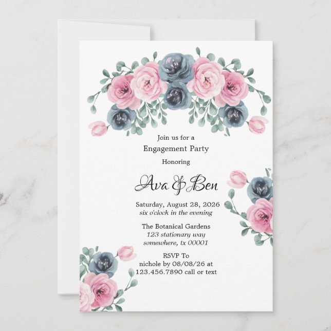 Invitation Partie d'engagement Arch Pink & Blue Blooms (Devant)