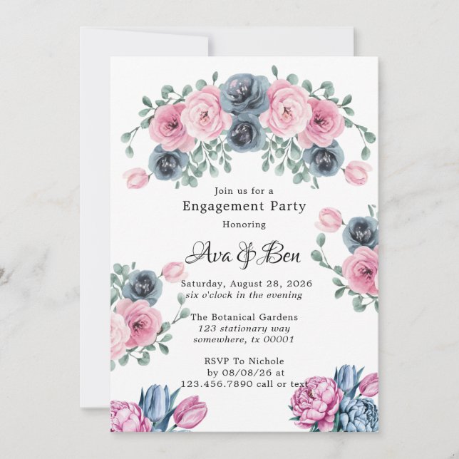 Invitation Partie d'engagement Arch Pink & Blue Blooms (Devant)