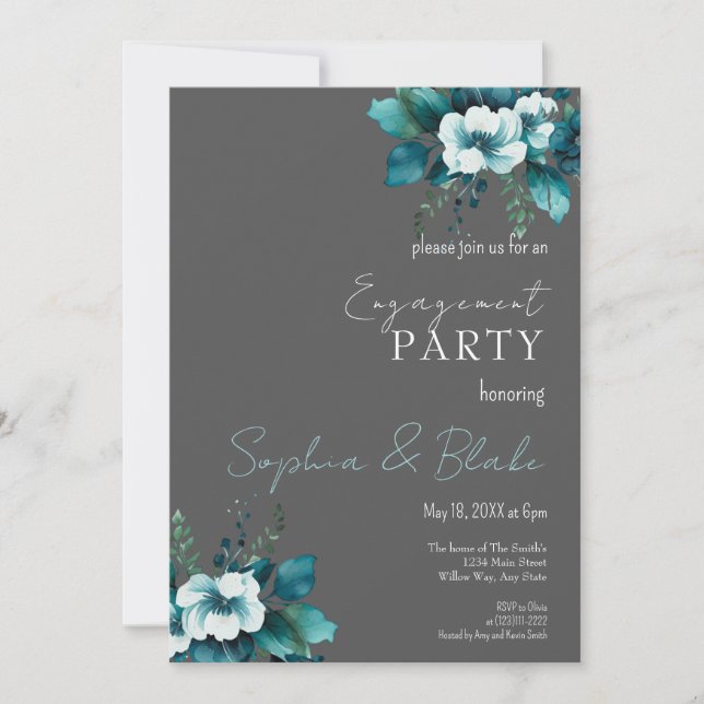 Invitation Partie d'engagement Blue and Green Floral Grey (Devant)