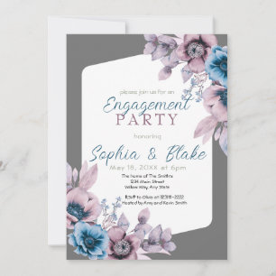 Invitation Partie d'engagement Blue and Purple Floral Grey