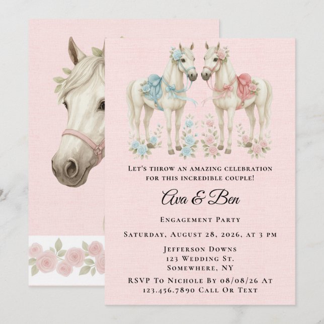 Invitation Partie d'engagement Cheval Rose et Bleu Pastel (Devant / Derrière)