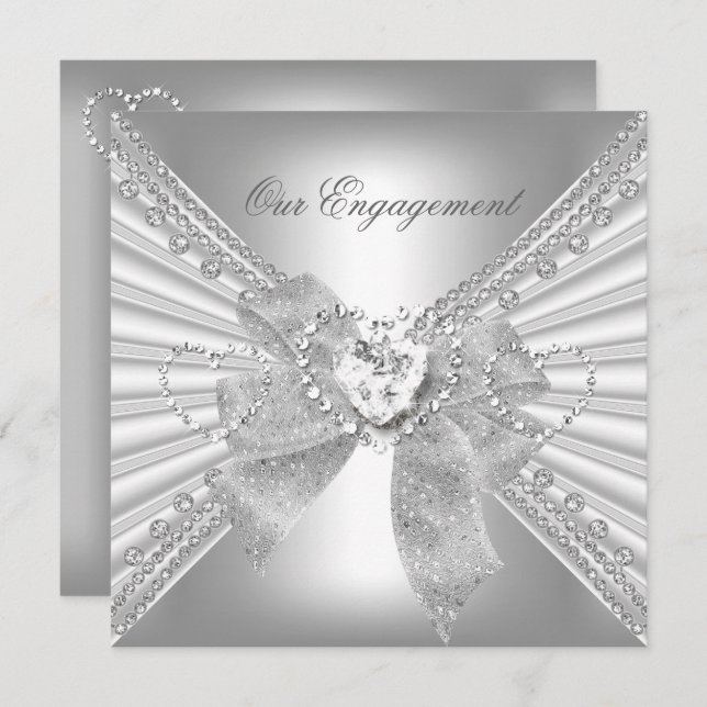 Invitation Partie d'engagement Coeur diamant Blanc Bow en arg (Devant / Derrière)