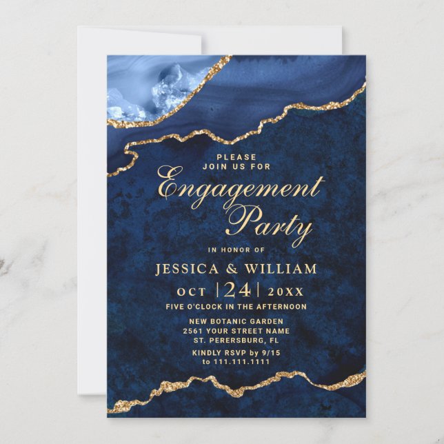 Invitation Partie d'engagement d'Agate en marbre bleu or mode (Devant)