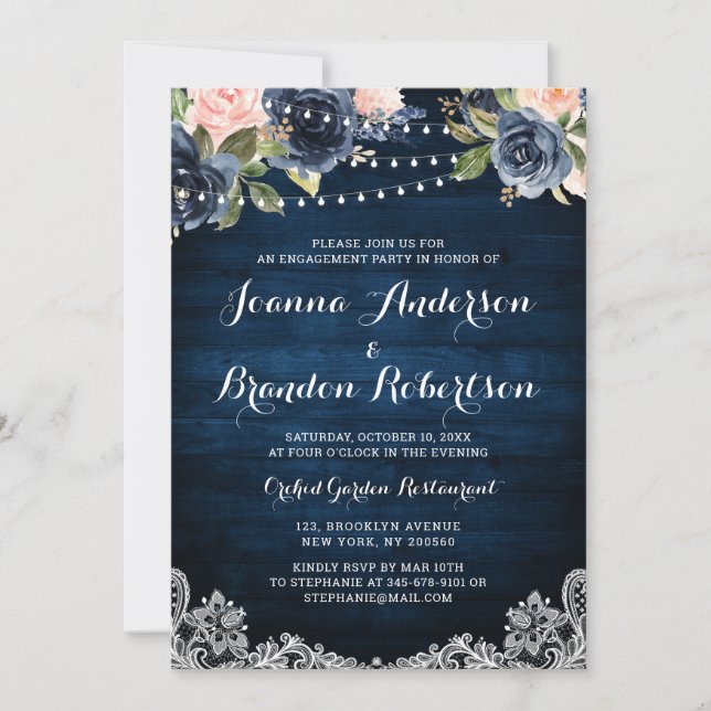 Invitation Partie d'engagement de la Marine Blush Floral Stri (Devant)