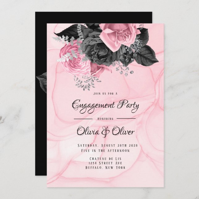Invitation Partie d'engagement de luxe Pink Black Floral (Devant / Derrière)