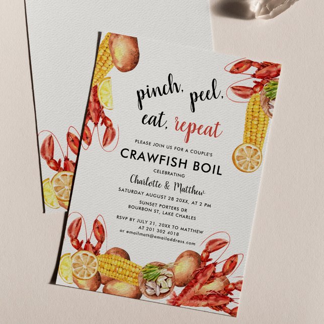Invitation Partie d'engagement des couples d'ébullition de l' (Crawfish Boil Pinch Peel Engagement Cookout Party Invitation)
