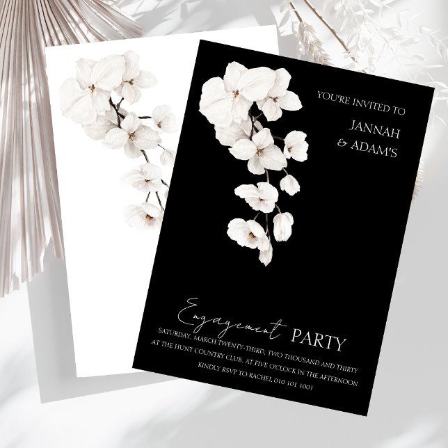 Invitation Partie d'engagement des orchidées blanches noires  (Modern Black and White Orchids Flowers Engagement Party Wedding Invitation)
