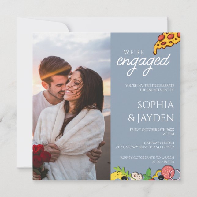 Invitation Partie d'engagement Dusty Blue PIZZA Moderne (Devant)