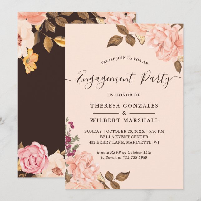 Invitation Partie d'engagement Elegant Blush Gold Chic Floral (Devant / Derrière)