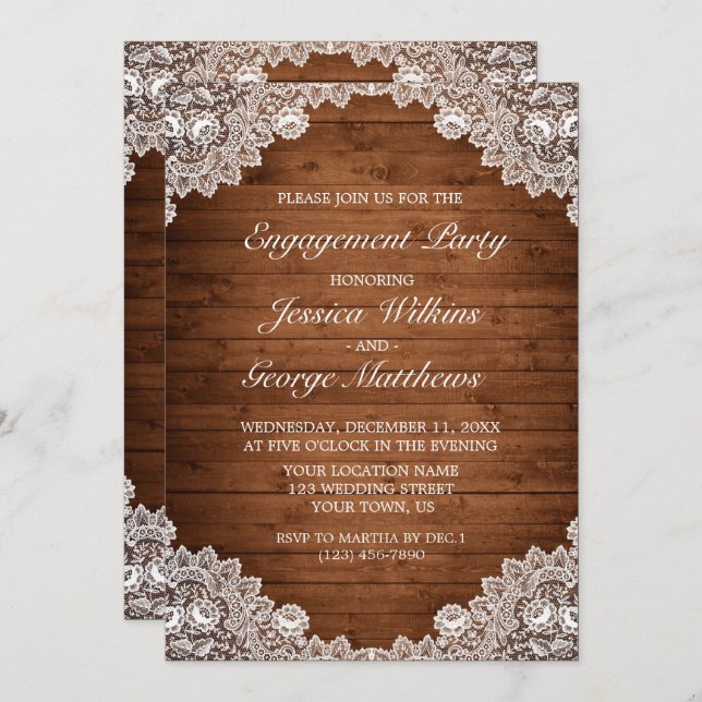 Invitation Partie d'engagement en bois et dentelle blanc rust (Devant / Derrière)