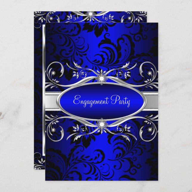 Invitation Partie d'engagement Floral Argent Bleu (Devant / Derrière)