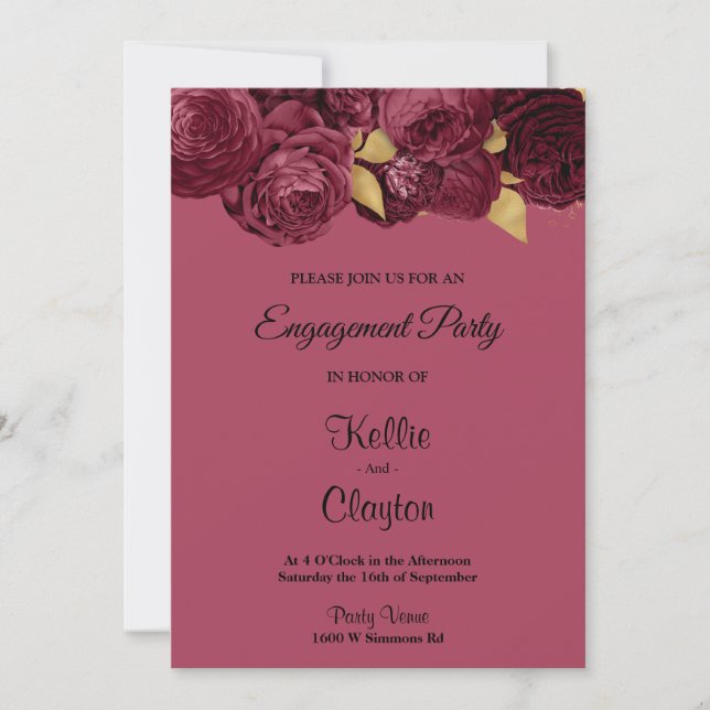 Invitation Partie D'Engagement Florale Bourgogne Et Or (Devant)
