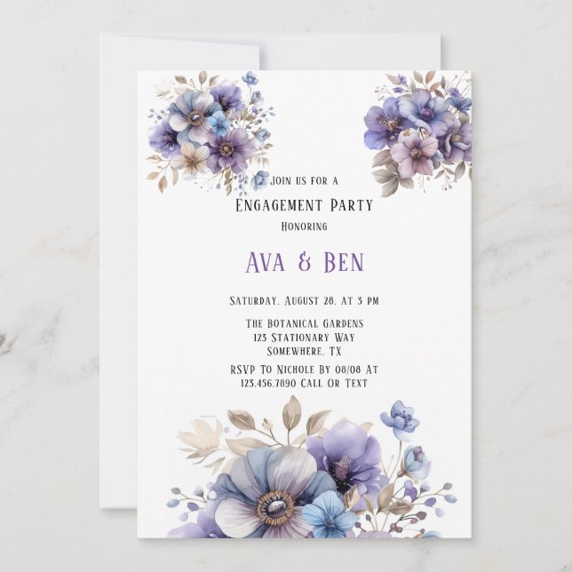 Invitation Partie d'engagement florale peinte en bleu violet (Devant)