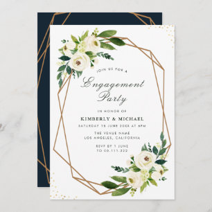 Invitation partie d'engagement géométrique florale blanche en