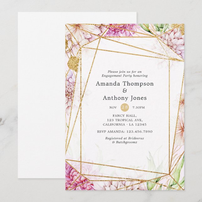 Invitation Partie d'engagement géométrique florale violet et  (Devant / Derrière)