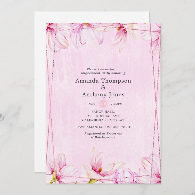 Invitation Partie d'engagement géométrique rose Gold & Pink F (Devant / Derrière)