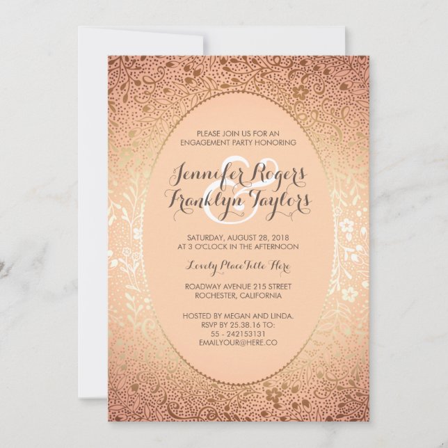 Invitation Partie d'engagement Gold Floral Vintage Peach (Devant)