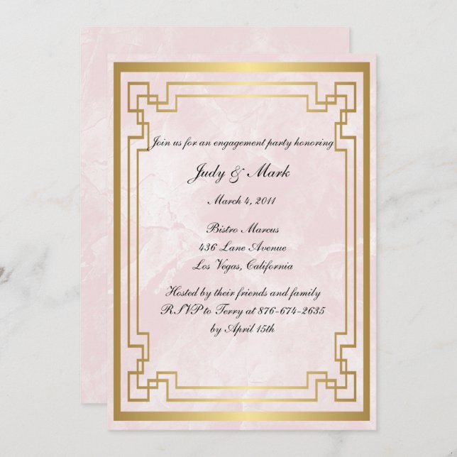 Invitation Partie d'engagement Mariage en marbre rose géométr (Devant / Derrière)