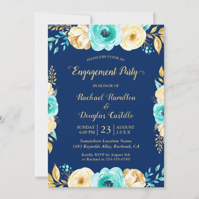 Invitation Partie d'engagement - Marine Blue Turquoise Gold F (Devant)