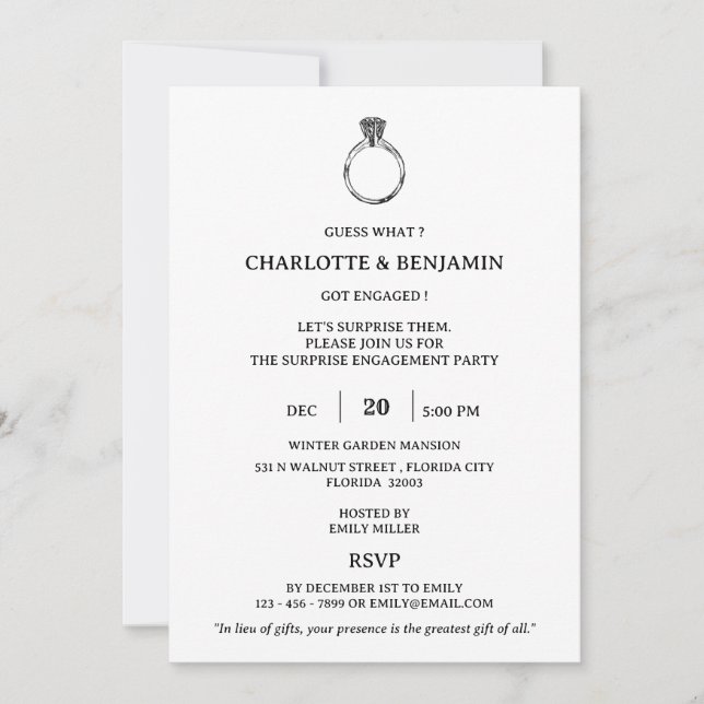 Invitation Partie d'engagement minimaliste surprise (Devant)