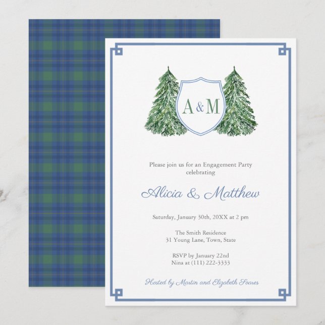 Invitation Partie d'engagement Monogramme Plaid Cabine classi (Devant / Derrière)