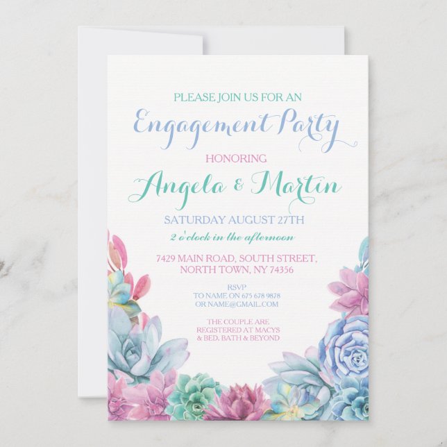 Invitation Partie d'engagement Pink Blue Succulents Invitatio (Devant)