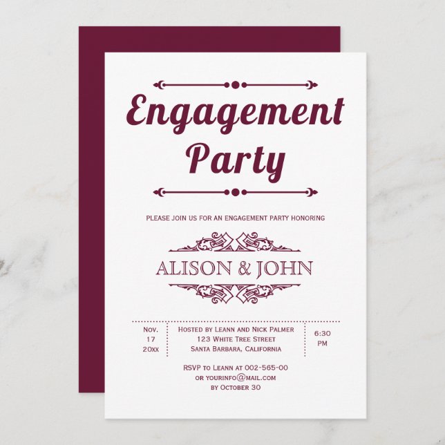 Invitation partie d'engagement pour la typographie bordeaux v (Devant / Derrière)