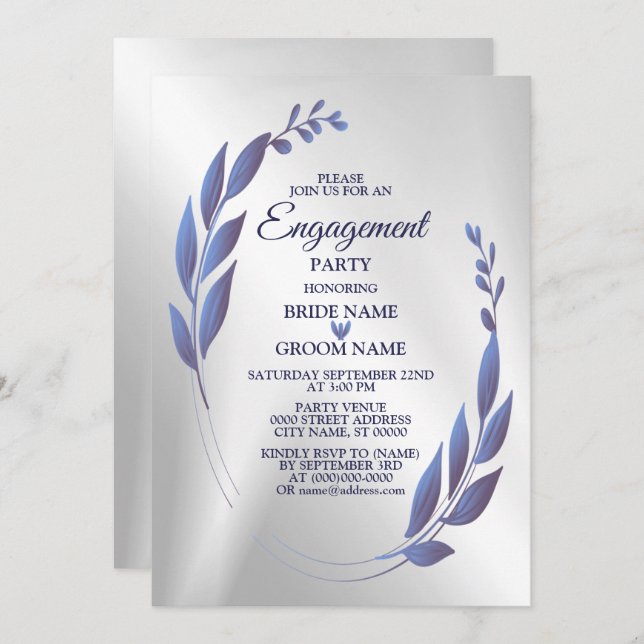 Invitation Partie d'engagement Purple Blue Floral Frame Argen (Devant / Derrière)
