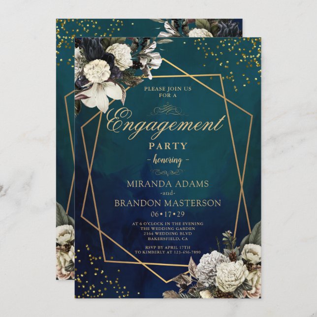 Invitation Partie d'engagement Romantique Floral Gold Wreath (Devant / Derrière)