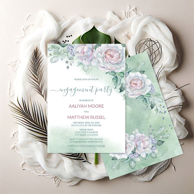 Invitation Partie d'engagement Rose Aquarelle délicate (Elegant watercolor rose engagement party invitation front and back view.)