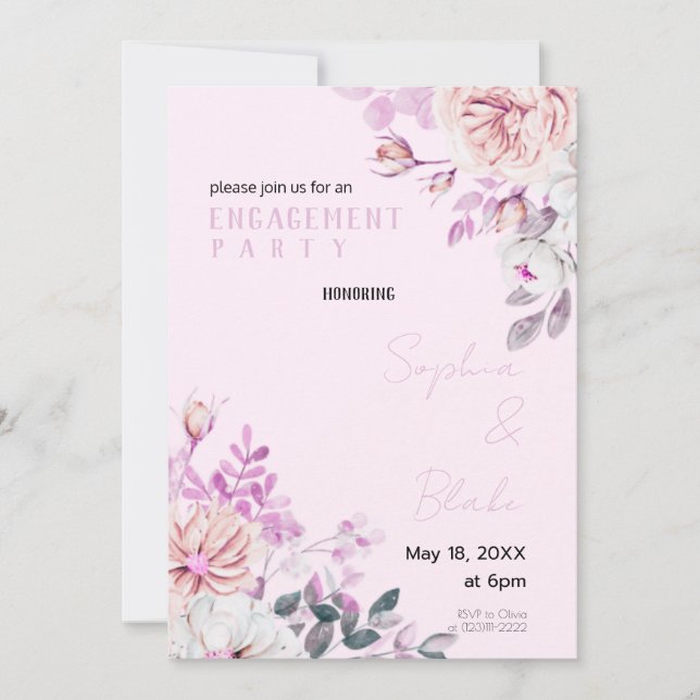 Invitation Partie d'engagement rose florale violet et blanc (Devant)
