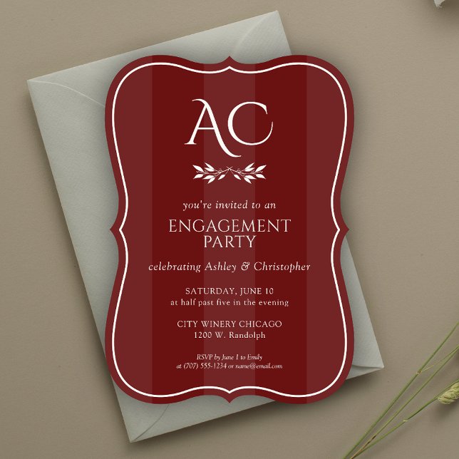 Invitation Partie d'engagement rouge en bois de rose rayé Mon (Créateur téléchargé)