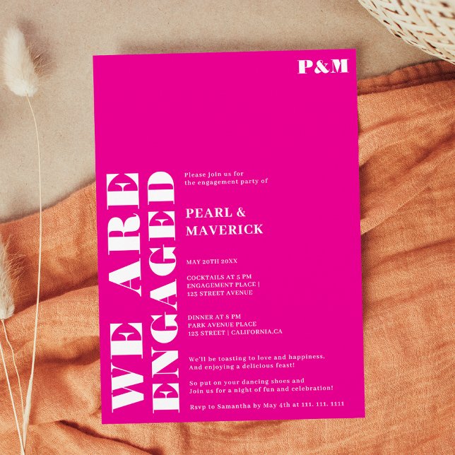 Invitation Partie d'engagement simple en néon rose mariage (Bold simple neon pink wedding engagement party invitation)