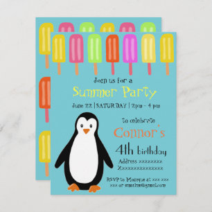Invitation Partie d'été de pingouin avec des Popsicles