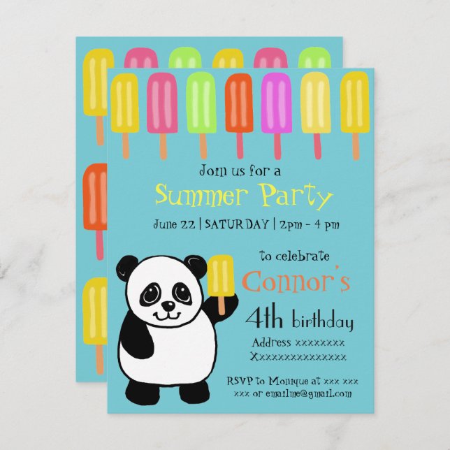Invitation Partie d'été d'ours panda avec des Popsicles (Devant / Derrière)