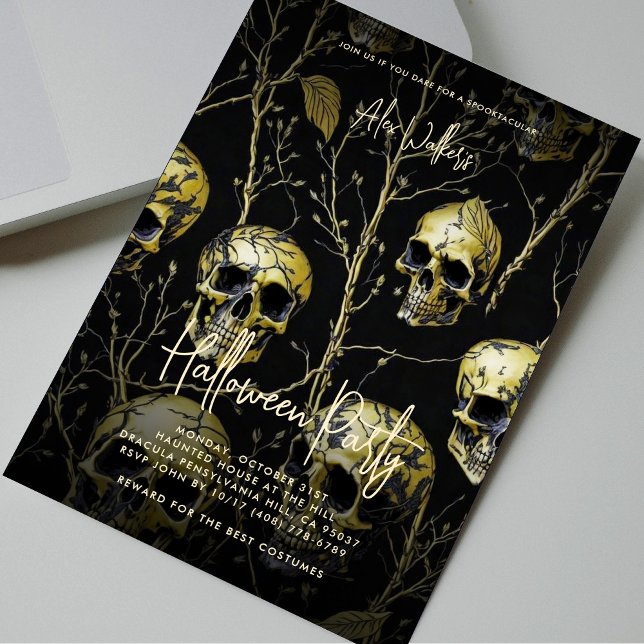 Invitation Partie d'Halloween Adulte Noir Crâne d'or moderne (Adult Halloween Party Black Gold Skull Modern Invitation
)