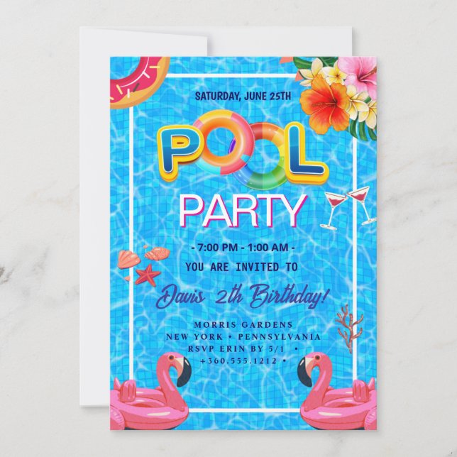 Invitation Partie du pool | Nage Anniversaire (Devant)