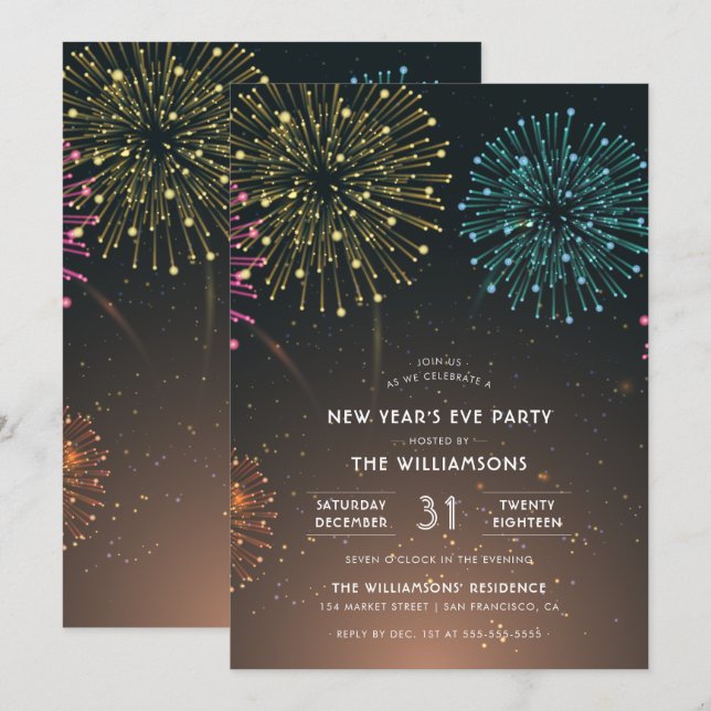 Invitation Partie Fireworks | Typographie moderne fête du Nou (Devant / Derrière)