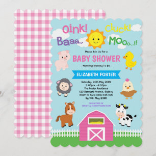 Invitation Partie Girly d'animaux de ferme de rose de baby