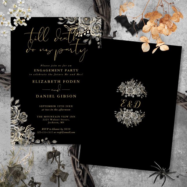 Invitation Partie Gothique Black And Gold (Gothic Black And Gold Photo Engagement Party Invitation)