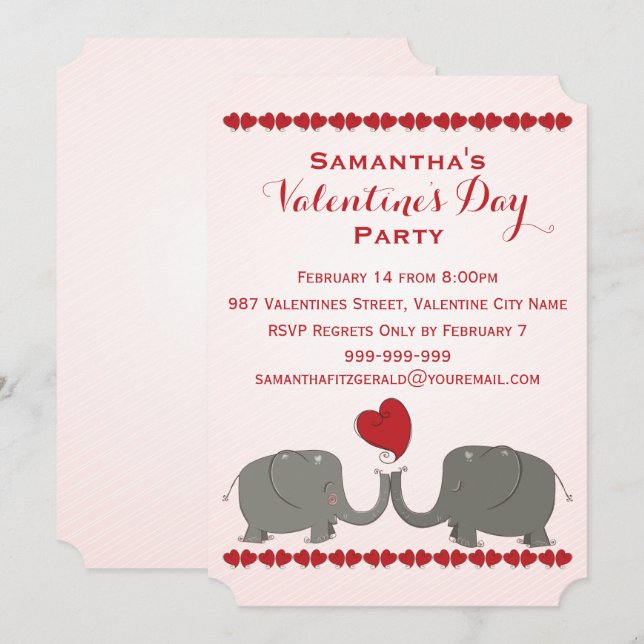 Invitation Partie lunatique de jour de Valentines d'éléphants (Devant / Derrière)