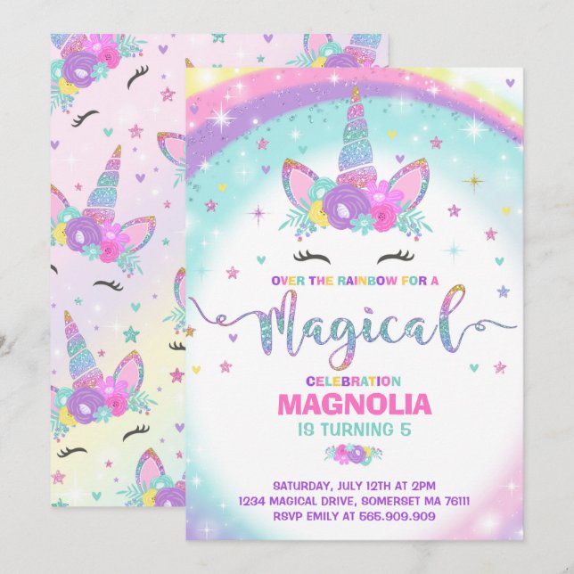 Invitation Partie magique de licorne d'invitation (Devant / Derrière)