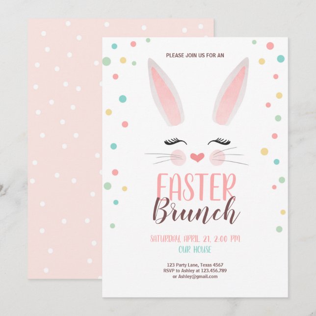 Invitation Partie mignonne de brunch de Pâques de lapin de (Devant / Derrière)