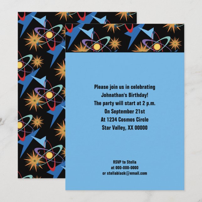 Invitation Partie Motif multicouleur de l'ère spatiale rétroa (Devant / Derrière)